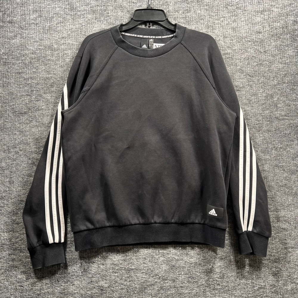 Adidas Mens 3-Stripe Crewneck Sweatshirt Black White Raglan Pullover Medium